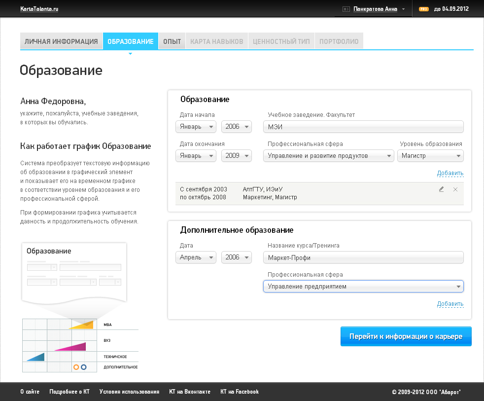 <b>Вы выбираете места, где учились, а Карта Таланта отмечает это на специальных графиках</b>